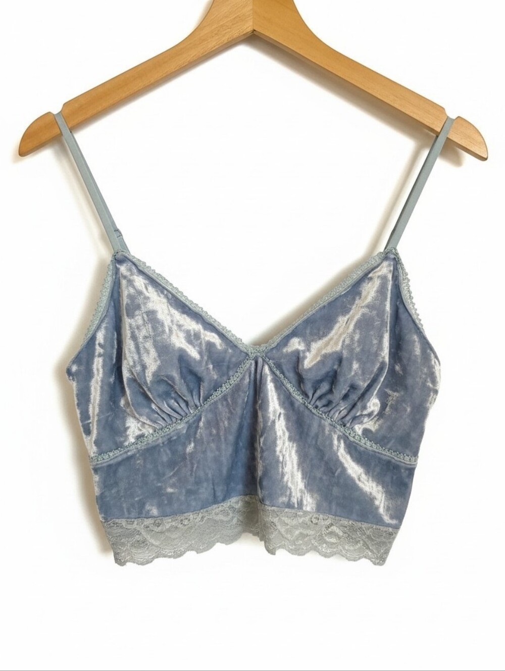 Urban Renewal Light Blue Velvet Lace Trim Crop Cami